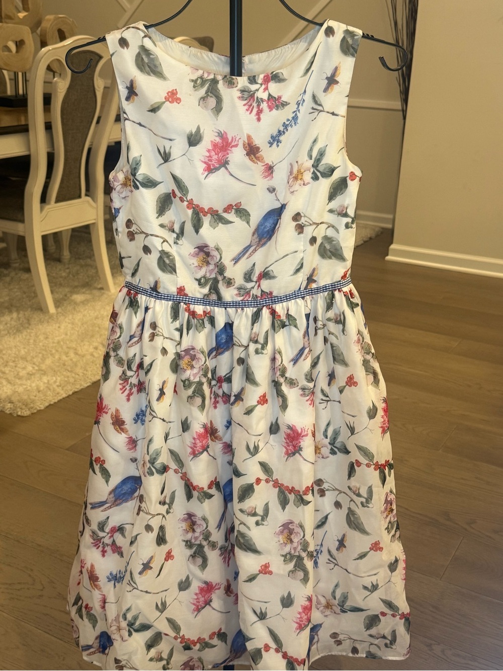 Girls' White Floral & Blue Bird Party Dress